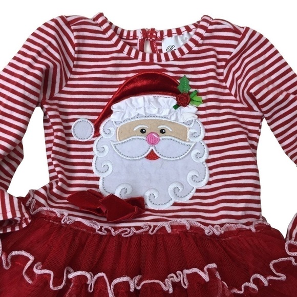 RARE EDITIONS Santa Dress Ruffle Tutu Stripe Christmas Holiday Appliqué Size 18M - Picture 2 of 10
